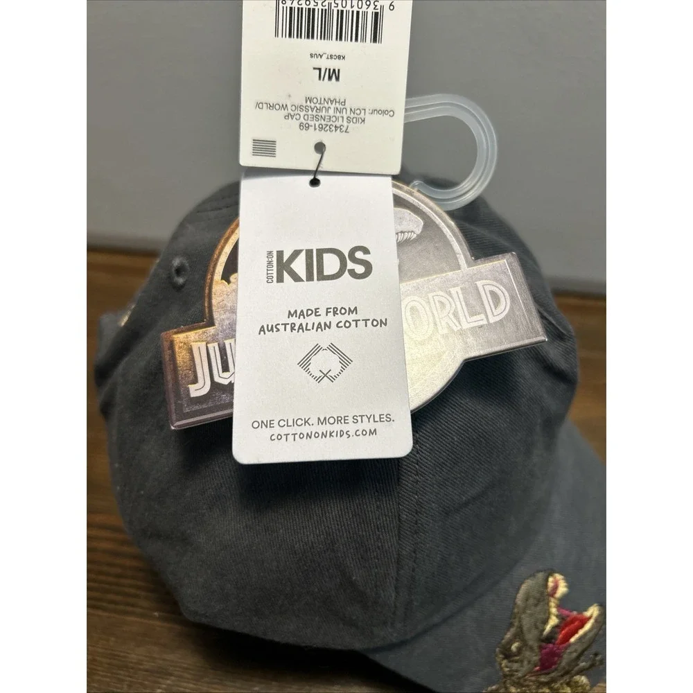 Cotton On Kids Hat M/L Grey Jurassic World Licensed Cap T-Rex Raptor Embroidered